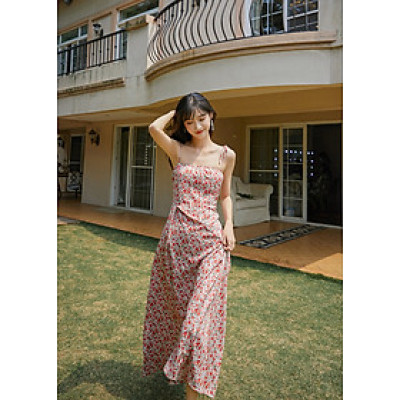 Đầm maxi xẻ tà dàng dài, họa tiết hoa nhí màu đẹp, chất voan tơ cao cấp, váy 2 kiểu mặc: 2 dây và vai trần | MX056