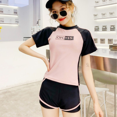 Bộ đồ bơi bikini nữ hai mảnh kín đáo đi tắm biển giấu bụng áo cộc tay kèm váy liền quần - B22