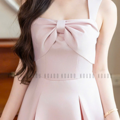 Đầm hồng cổ phối nơ NGADO , đầm ngắn , đầm dự tiệc , dạo phố