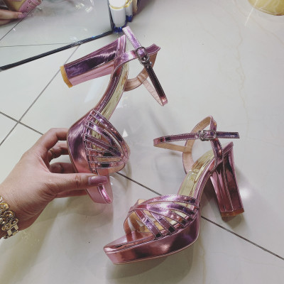 Sandal cao gót nữ phối màu ROSATA RO639 - 8p - Hồng, Vàng đồng - HÀNG VIỆT NAM - BKSTORE