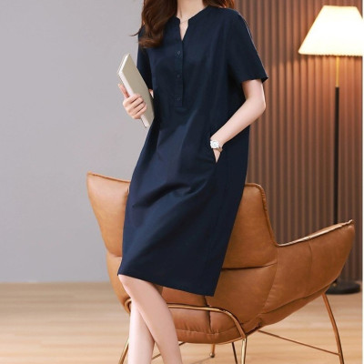 Đầm công sở cổ tàu phối nút, ngắn tay Hàn Quốc nữ trẻ trung, chất liệu Linen mềm mịn cao cấp Haint Boutique