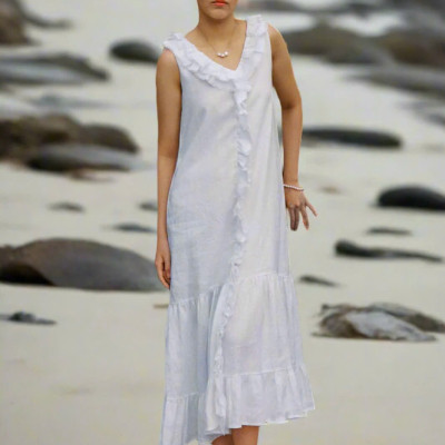 Đầm Maxi Linen Trắng Rút Rua Thủ Công Cao Cấp Du lịch Biển Resorts Lân Sa Thời trang Hity DRE209