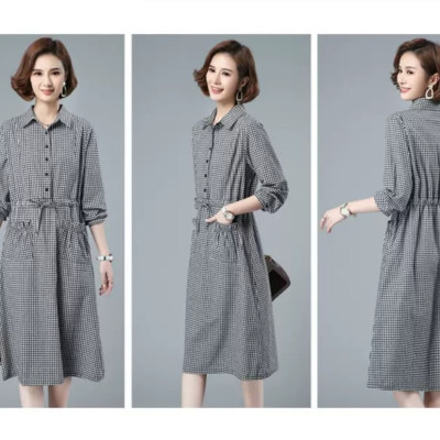  Váy sơ mi kẻ sọc caro dài tay có túi, dây eo tự chỉnh thời trang nữ phong cách công sở Haint Boutique Da186