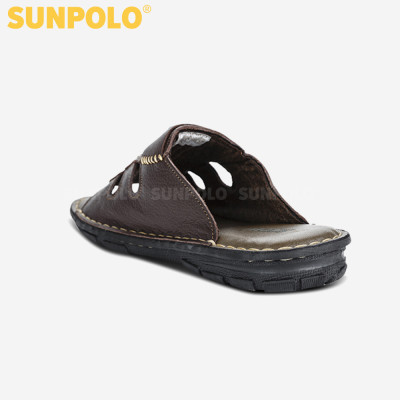 Dép nam quai ngang da bò SUNPOLO AQN005 phiên bản nâu