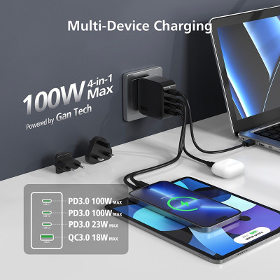 Bộ củ sạc + Cáp MicroPack POWER SERVER GaN 100W MWC-4100 Nhiều Đầu Ra 03xUSB-C Và 01xUSB-A Sạc Siêu Nhanh Nhỏ Gọn Hàng Chính Hãng