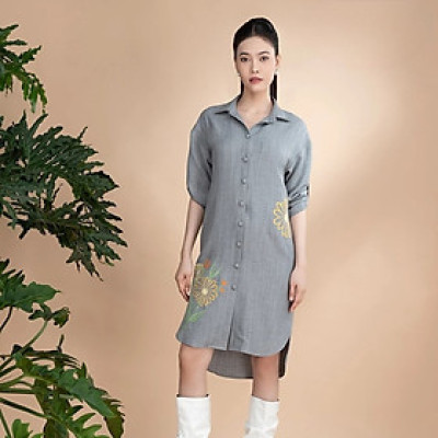 Đầm xô lụa xám thêu, cổ sơmi La Mộc LM022427