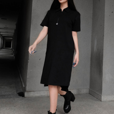 LAAS Đầm suông cổ polo DK đen form rộng thoải mái năng động