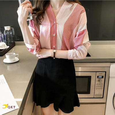 Áo kiểu nữ, áo đũi nữ tay lỡ cổ V phối màu nhẹ nhàng Ale12