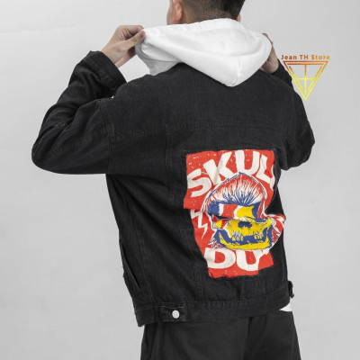 Áo khoác jean nam đen có nón nỉ in Skul Dust, áo khoác bò cá tính, trẻ trung