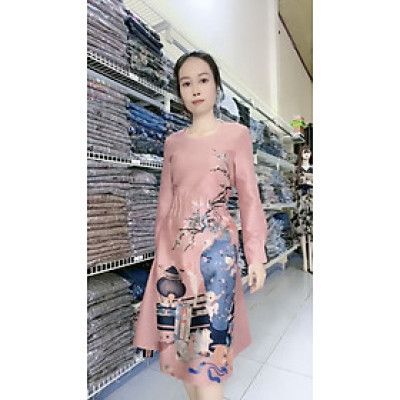 Đầm da lộn eo giảm béo họa tiết in chất lượng cao xinh xắn khác biệt myqlothing.