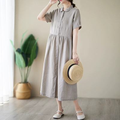 Đầm linen dáng dài, suông công sở cổ tròn linen tay cộc kèm dây eo, đầm đũi form rộng Haint Boutique Da169