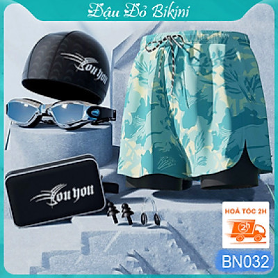 Combo đồ bơi nam quần 2 lớp kèm kính mũ bơi, túi đựng đồ và bịt tai kẹp mũi, set bơi đầy đủ tiện lợi cho nam giới, quần bơi 2 lớp & kính chống đọng sương | BN032