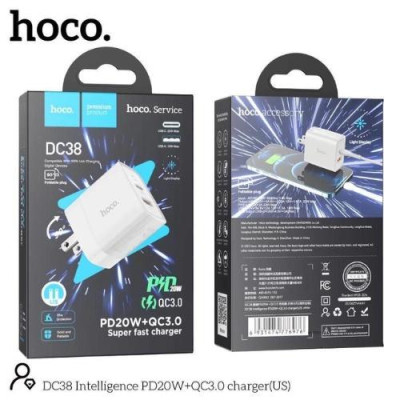 Củ sạc nhanh hoco. DC38 – Hàng Chính Hãng 2 cổng ( USB + Type- C ) 3.1A, PD 20W, Q.C 3.0  hỗ trợ sạc nhanh cho điện thoại