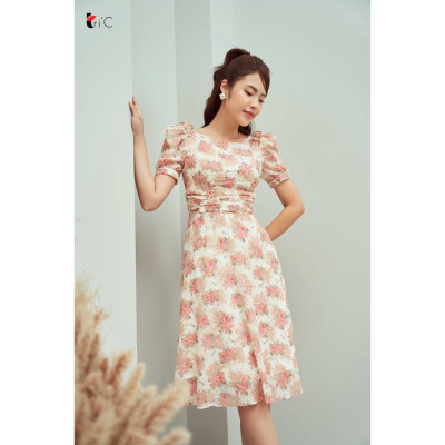 Đầm xòe hoa thêu, tay bồng Tri