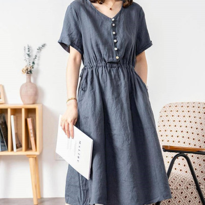 Đầm linen dáng suông cổ V , Đầm sơ mi ngắn tay nhún eo, mặc đi chơi, đi làm Haint Boutique Da173