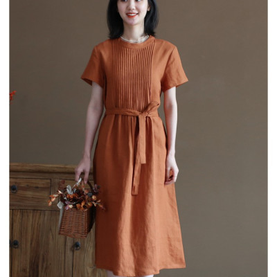 Đầm linen suông thiết kế , Đầm váy nữ dáng dài cổ tròn, ngắn tay eo có dây thắt Haint Boutique Da191