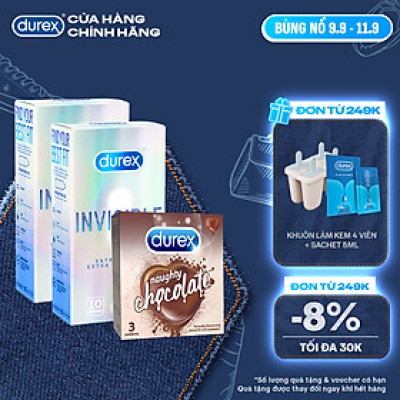 Bộ 2 hộp bao cao su Durex Invisible siêu mỏng (52mm, 10 bao/hộp)+ 1 Durex Naughty Chocolate hương choco (52mm, 3 bao/hộp)