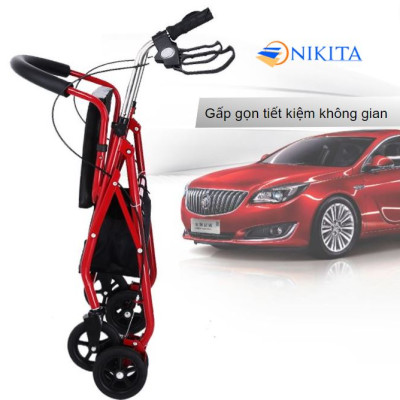 Xe tập đi bốn bánh cho người già có ghế ngồi, có giỏ đựng đồ, gấp gọn khi không sử dụng, chính hãng Nikita 