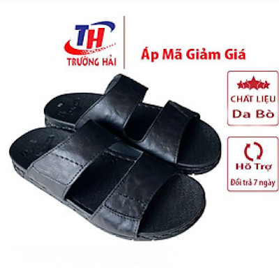 Dép  da Nam quai ngang đế cao 3.5cm Trường Hải may viền da bò thật Màu đen QN155 