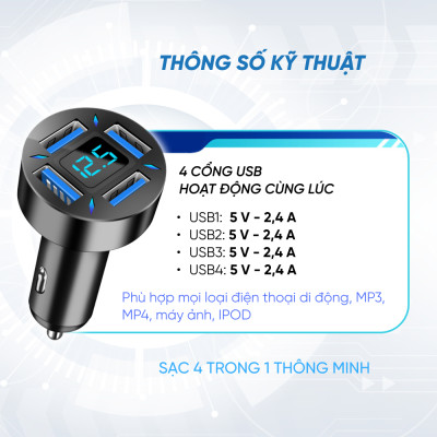 Tẩu Sạc 4 Cổng USB 4.8A | Tẩu Sạc 4 Cổng USB Sạc Được Nhiều Thiết Bị Cùng Lúc, Tương Thích Với Nhiều Thiết Bị