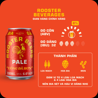 Rooster Beers Pale (Bia Gà Pale) Thùng 12 Lon x 330ml