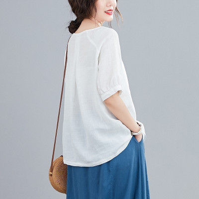 Áo kiểu nữ cổ tròn ngắn tay form rộng, chất đũi mềm mát, dễ chịu khi mặc Haint Boutique Ale40