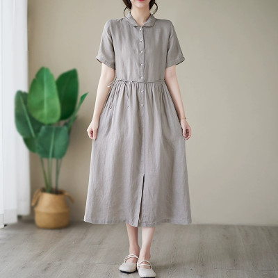 Đầm linen dáng dài, suông công sở cổ tròn linen tay cộc kèm dây eo, đầm đũi form rộng Haint Boutique Da169